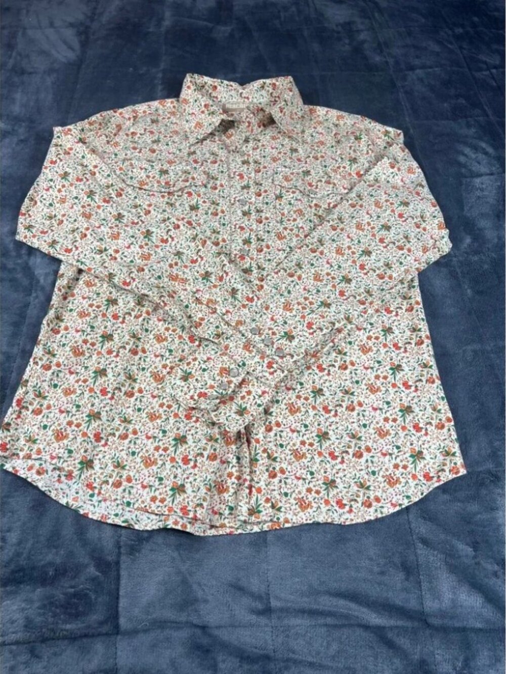 Machine Floral Button Down Long Sleeve Shirt Western Style Large